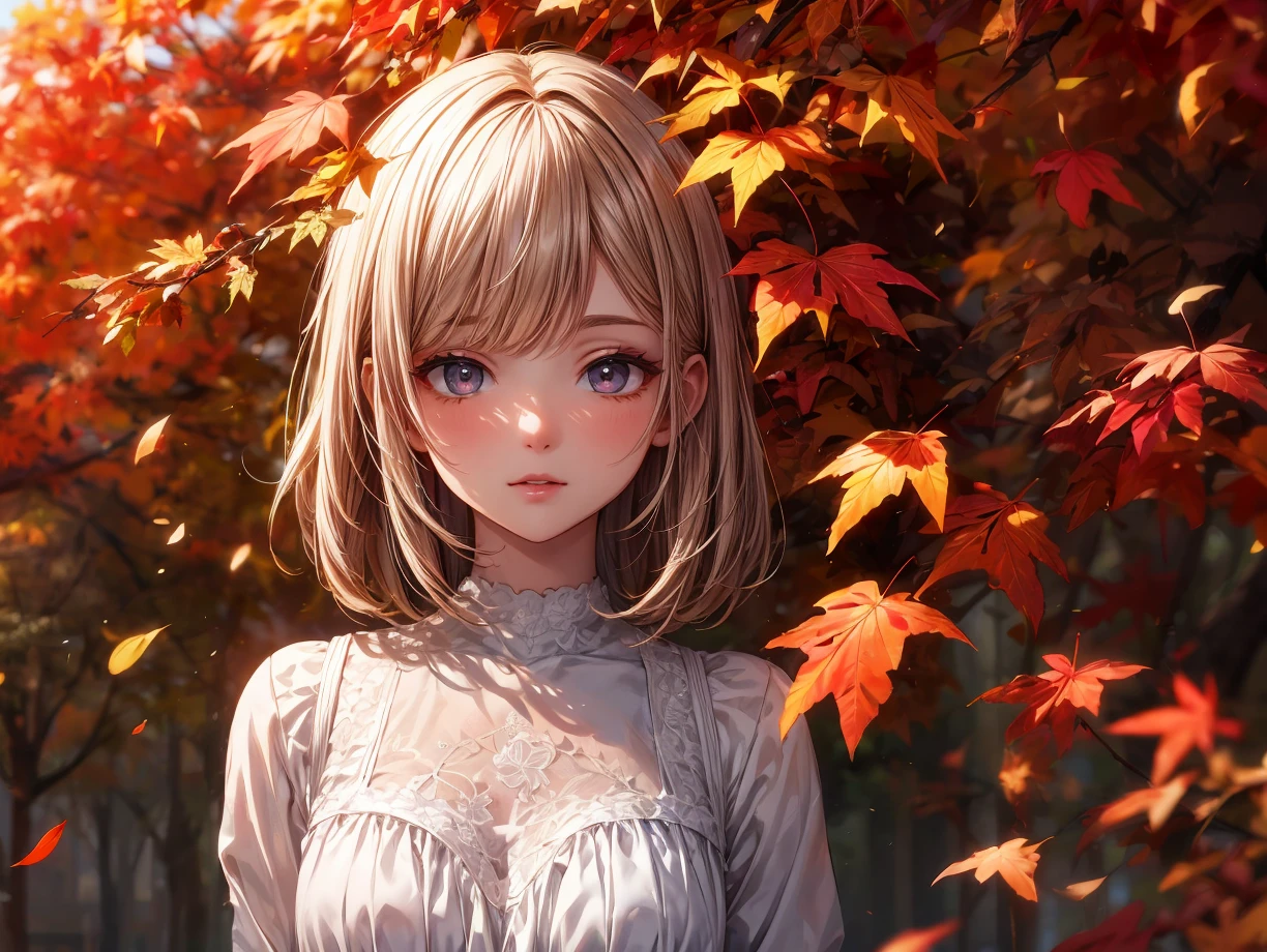 (masterpiece,ultra-detailed,best quality,8K,CG,illustration,shaved:1.0),(girl:1.0) simple background, <lora:flat2:-1> <lora:kouyou_SD_V1.0:1> autumn leaves