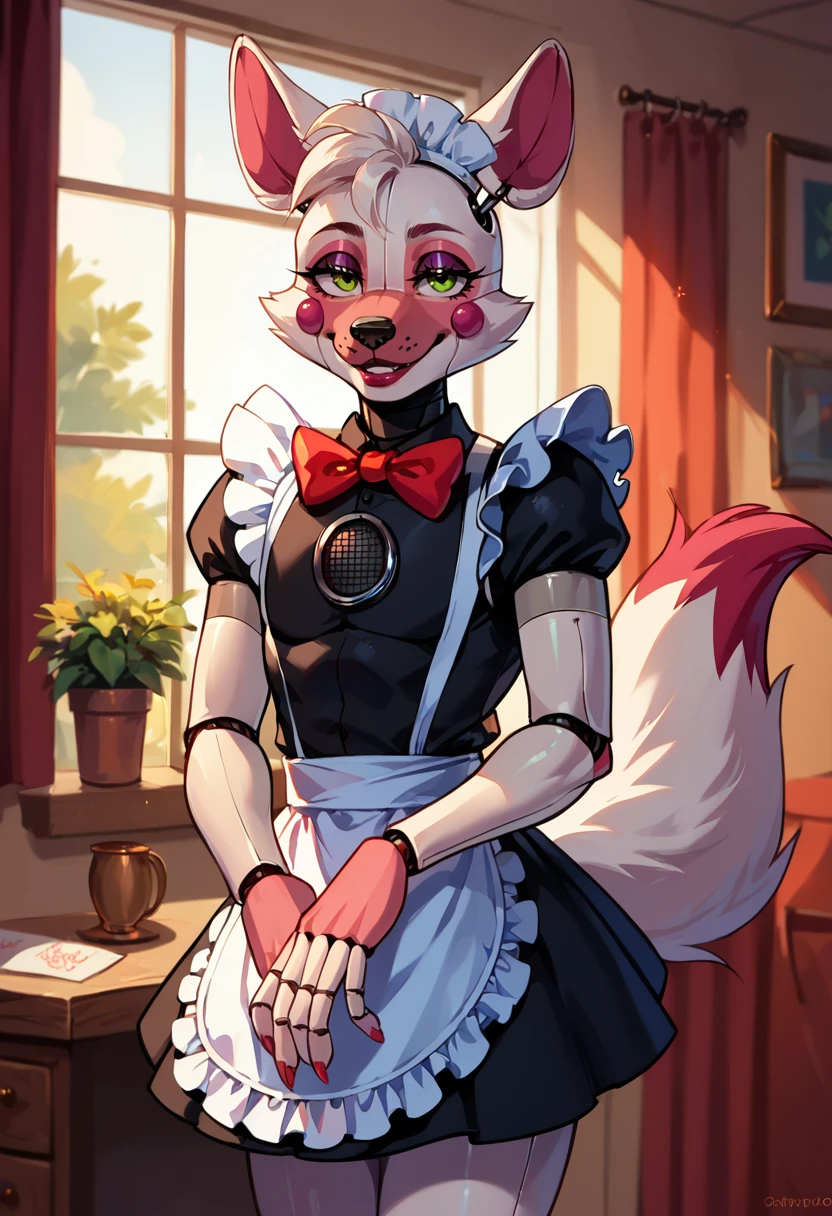 (score_9, score_8_up:1.1), score_7_up, androgynous, solo, funtimefoxy, fox, robot, joints, anthro, animal ears, white fur, fluffy tail, bowtie, maid, black shirt, black dres, cowboy shot, seductive smile, looking at viewer, half-closed eyes, dining room, loose top, <lora:FuntimeFoxy_PDXL:1>