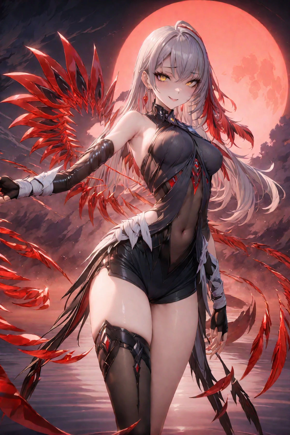 masterpiece, best quality, perfect features, intricate details, 1girl, solo,looking at viewer, standing, seductive smile, 
, night, sky, full moon, thighhighs, 
,yellow eyes, fingerless gloves, bare shoulders, asymmetrical legwear, black shorts, <lora:Ying_xl:0.8>, masterpiece, best quality,