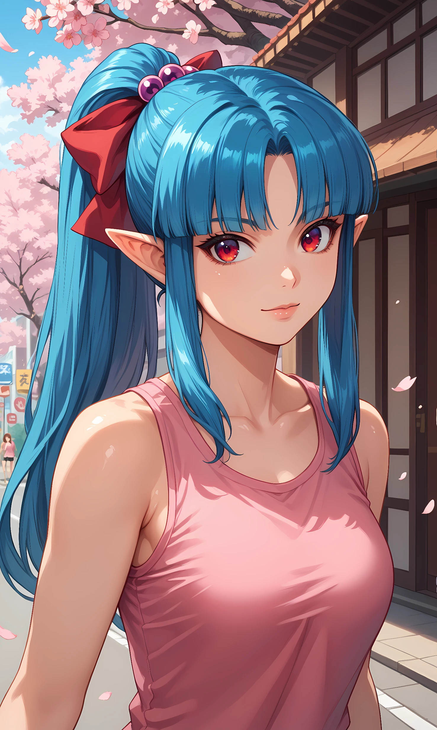 score_9, score_8_up, score_7_up, source_anime, 1girl, solo, outdoors, street, cherry blossoms, cowboy shot, standing, looking at viewer, shiny skin, kiriha, red eyes, blue hair, long hair, ponytail, red bow, hair bow, blunt bangs, (hair bobbles:1.3), pointy ears, pink shirt, tank top