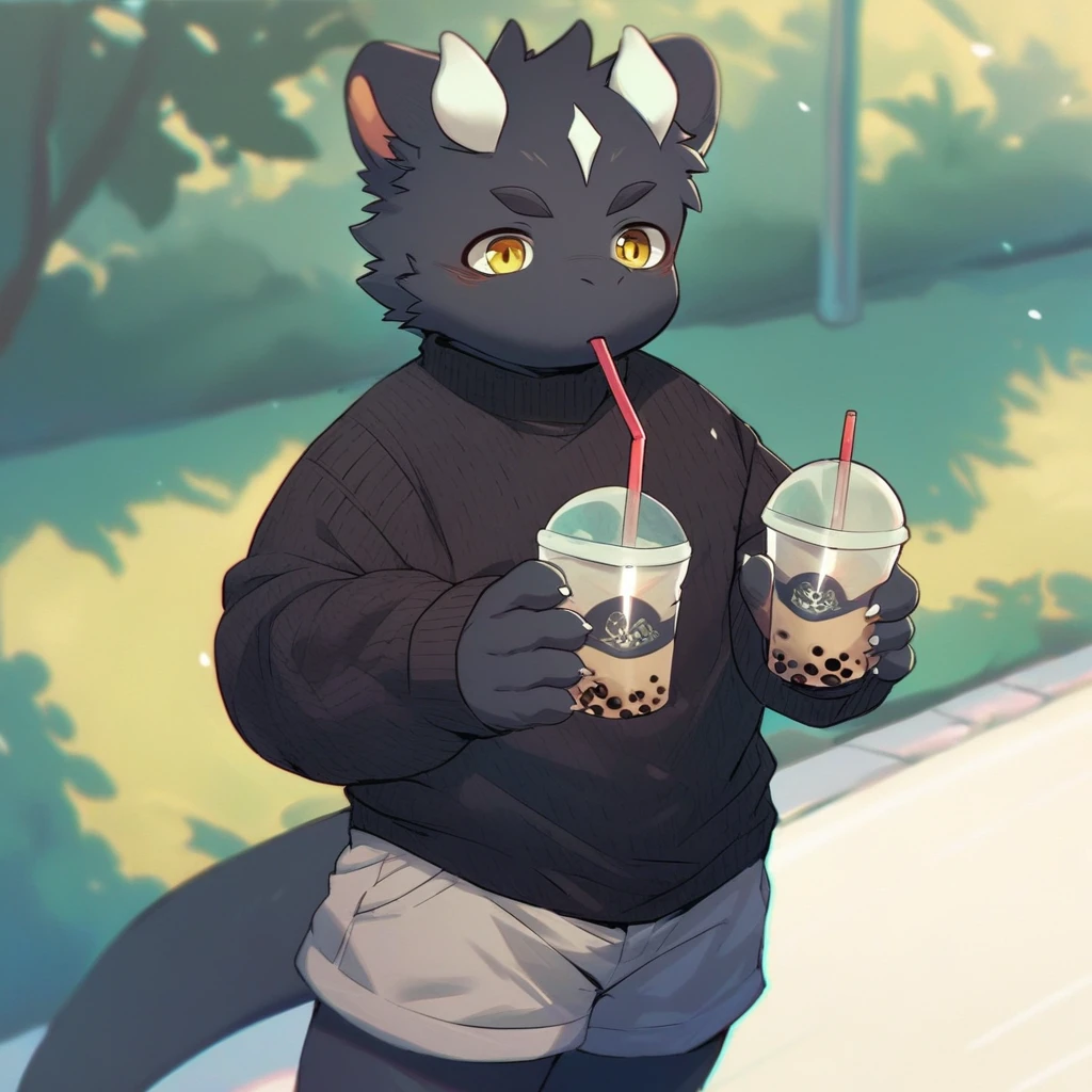 score_9_up, score_8_up, score_7_up, source_furry, mikus-style, black dragon, black body, white horns, yellow eyes, park, holding, bubble tea, black sweater, gray shorts, 1boy, solo