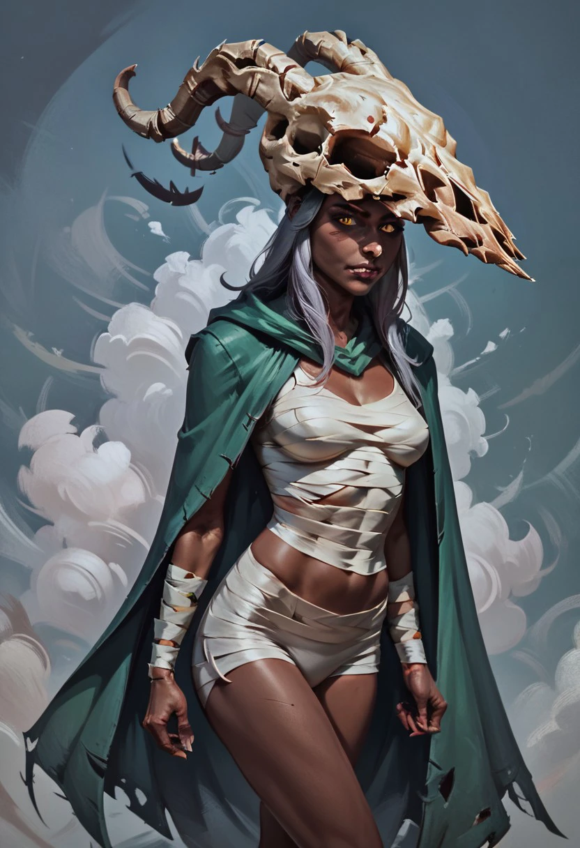 score_9, score_8_up, score_7_up, NHstyle concept art, realistic, media, BREAK, 1girl portrait, thesilent, grey hair, dark skin (skull:1.3), green cloak, bandages, midriff, bandaged legs