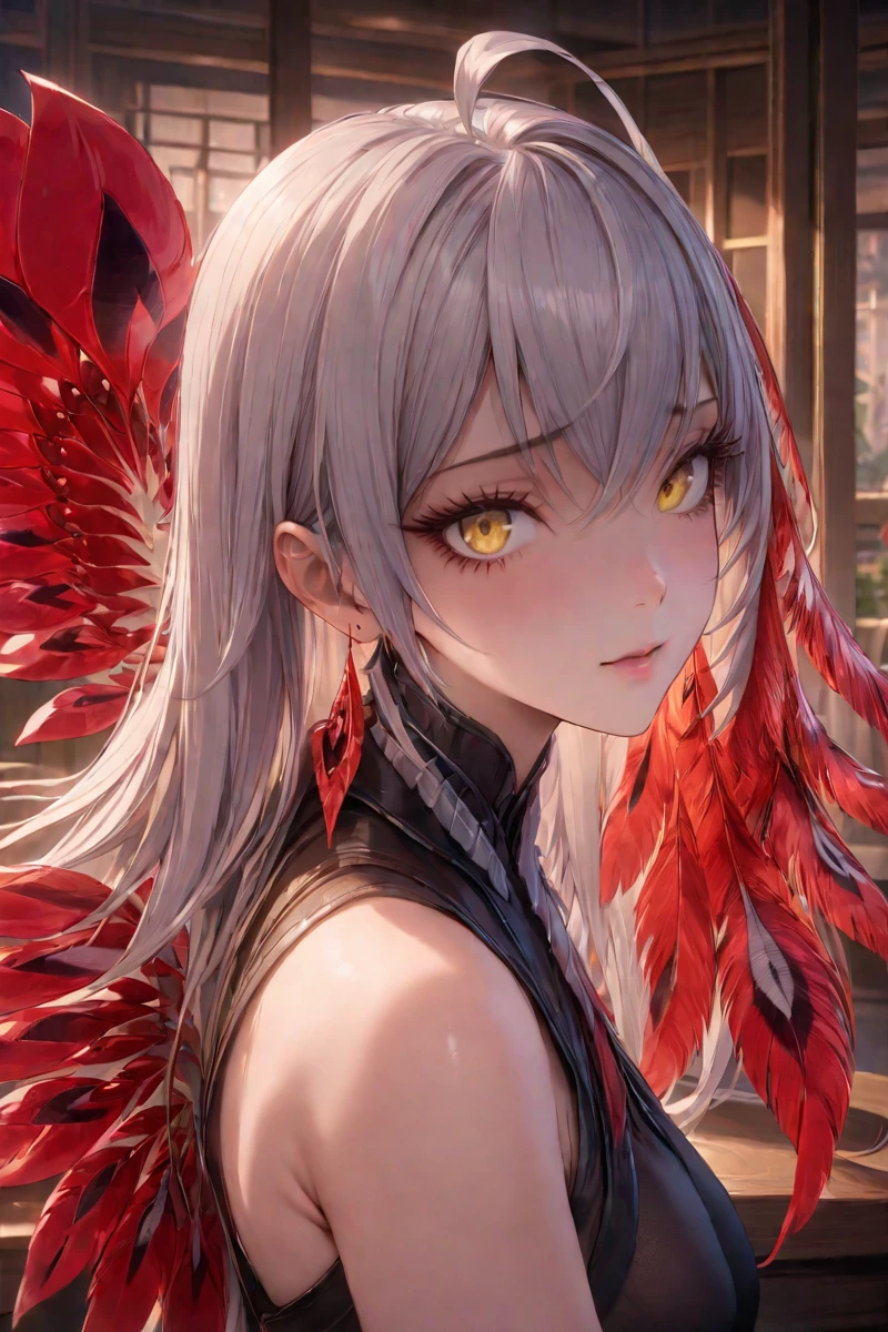 masterpiece, best quality, perfect features, intricate details, 1girl, solo,looking at viewer, upper body, close-up, portrait, indoor, facing to the side, 
,yellow eyes, white hair, ahoge, feathers,<lora:Ying_xl:0.8>, masterpiece, best quality,