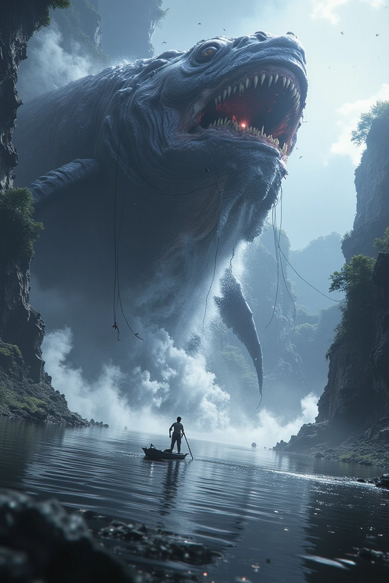 anhei,This is a very detailed digital artwork in a dark fantasy style,A photo-realistic documentary from the 1970s in Thailand. A wide-angle shot captures a small fishing boat on the Mekong River as it faces an unimaginable supernatural event. Beneath the surface, an enormous fish, larger than any mountain, begins to rise. Its size is beyond comprehension, dwarfing the landscape, as its emergence causes entire mountains to collapse into the river. Water erupts violently into the sky, creating a scene of chaotic destruction and awe. The sheer, terrifying grandeur of the creature defies belief, set against the backdrop of World War ***