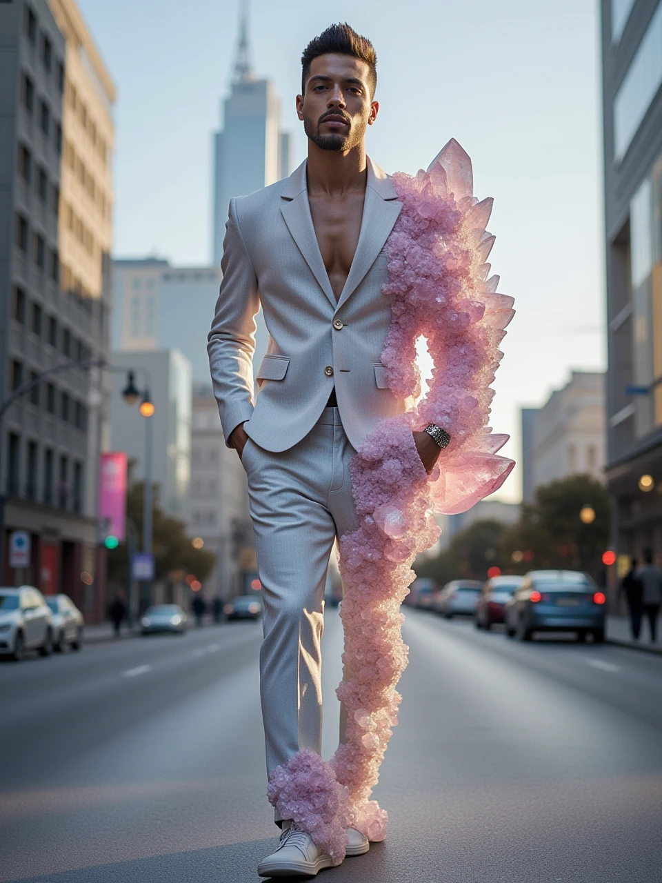 a handsome man,walkin over the city,his suit is crystallized, made of crystal and quartz