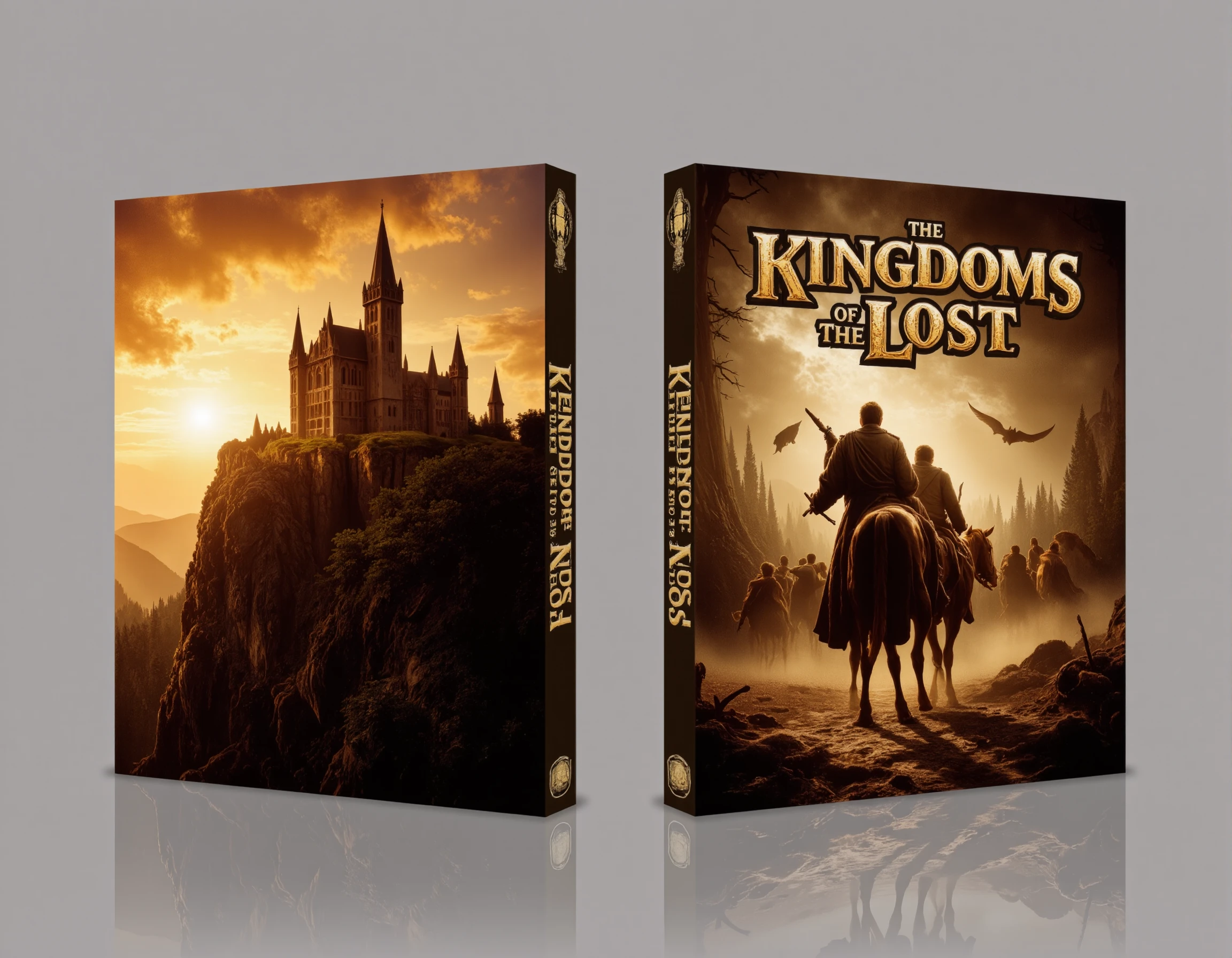 <lora:AntiBlur:3>, <lora:Steelbook_Blueray_Cover_Art:1>,  Steelbook_Blueray_Cover_Art, 
This image is a photograph of two Steelbook cases side by side, showcasing the artwork for the movie "Kingdoms of the Lost." The left case features a towering medieval castle atop a cliff, bathed in the golden glow of a setting sun. The right case shows a fierce battle scene, with armored knights on horseback charging through a misty forest. Both cases are rendered in warm, earthy tones with the title "Kingdoms of the Lost" written in ornate, gold-embossed script. The background is a plain, light grey. The Steelbook cases are placed on a reflective surface, which creates a mirrored effect of the cover art, highlighting the vivid artwork on the Steelbook cases.