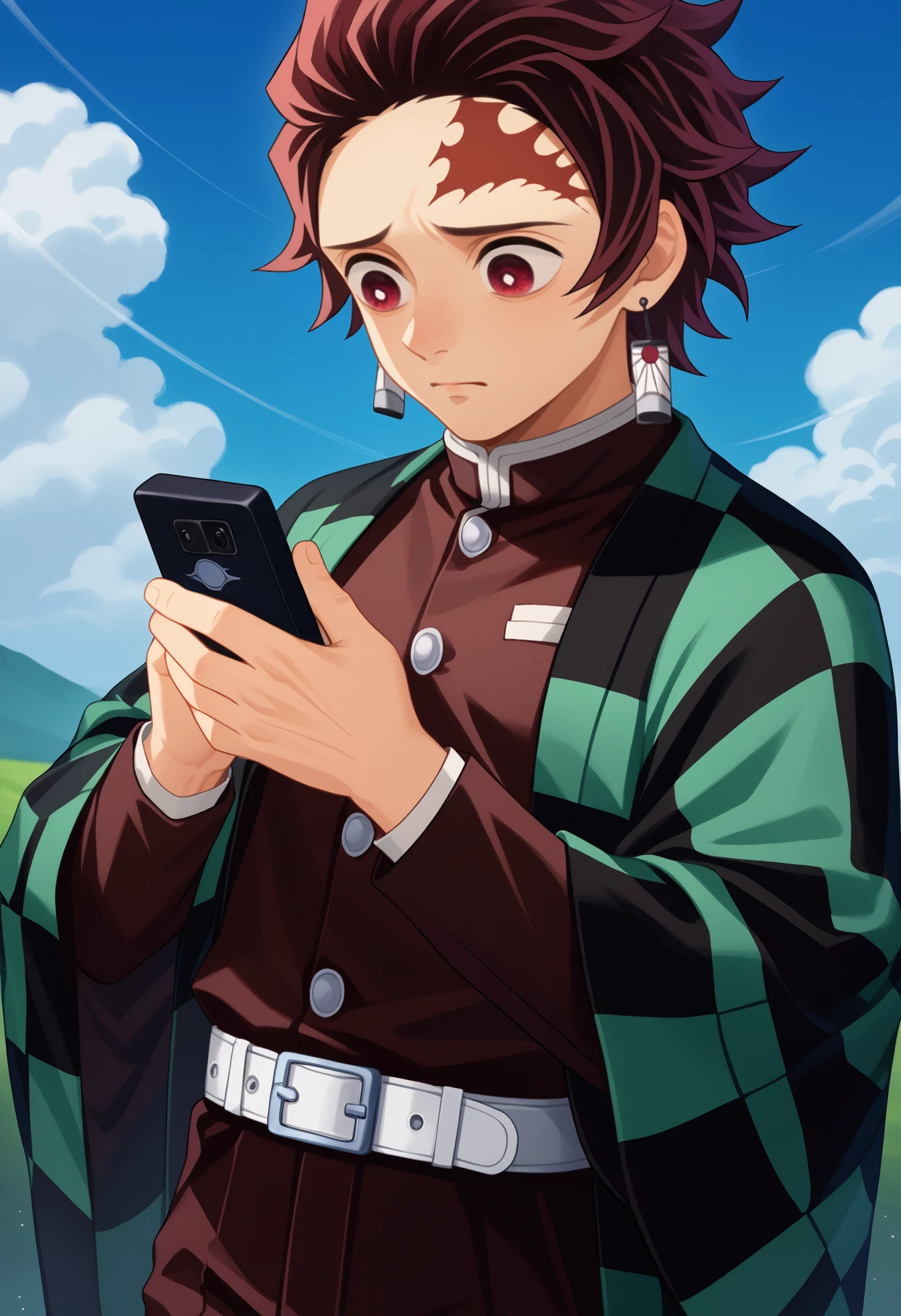 score_9, score_8_up, score_7_up, source_anime, <break> upper body, solo, male focus, 1boy, tanj1rokamad0, scar on forehead, worried, looking down, looking at phone, holding phone, short hair, brown hair, red eyes, demon slayer uniform, japanese clothes, checkered clothes, haori, black jacket, long sleeves, black pants, white belt, earrings, blue sky, cloud
<segment:yolo-face_yolov8m.pt,0.4,0.5//cid=1>