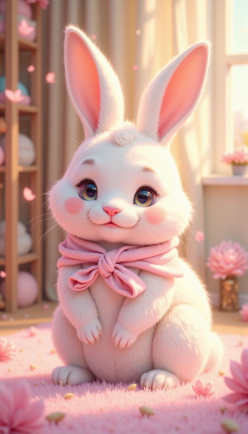 pinketherealmj,A soft, pastel-colored bunny with a fluffy coat and cute facial expression, set against a warm and cozy background.