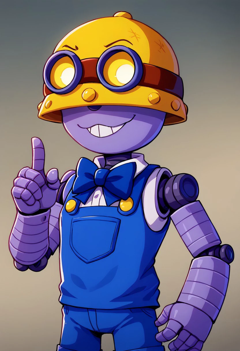 score_9_up, score_8_up, BREAK, <lora:NerdyGirlWithBuckTeeth_PXL_Leaf1:1>, gradient background, closed mouth, upper body, single index finger raised, smug,bscarl , 1boy , robot , yellow headwear , goggles on headwear covered eyes, yellow eyes , solo , blue overalls, shorts , sleeveless, red bowtie, no nose,buck teeth