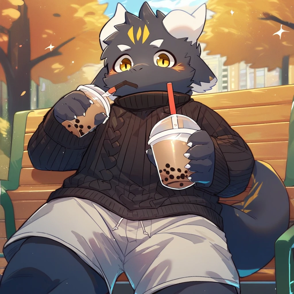 score_9_up, score_8_up, score_7_up, source_furry, mikus-style, black dragon, black body, white horns, yellow eyes, park, holding, bubble tea, black sweater, gray shorts, 1boy, solo