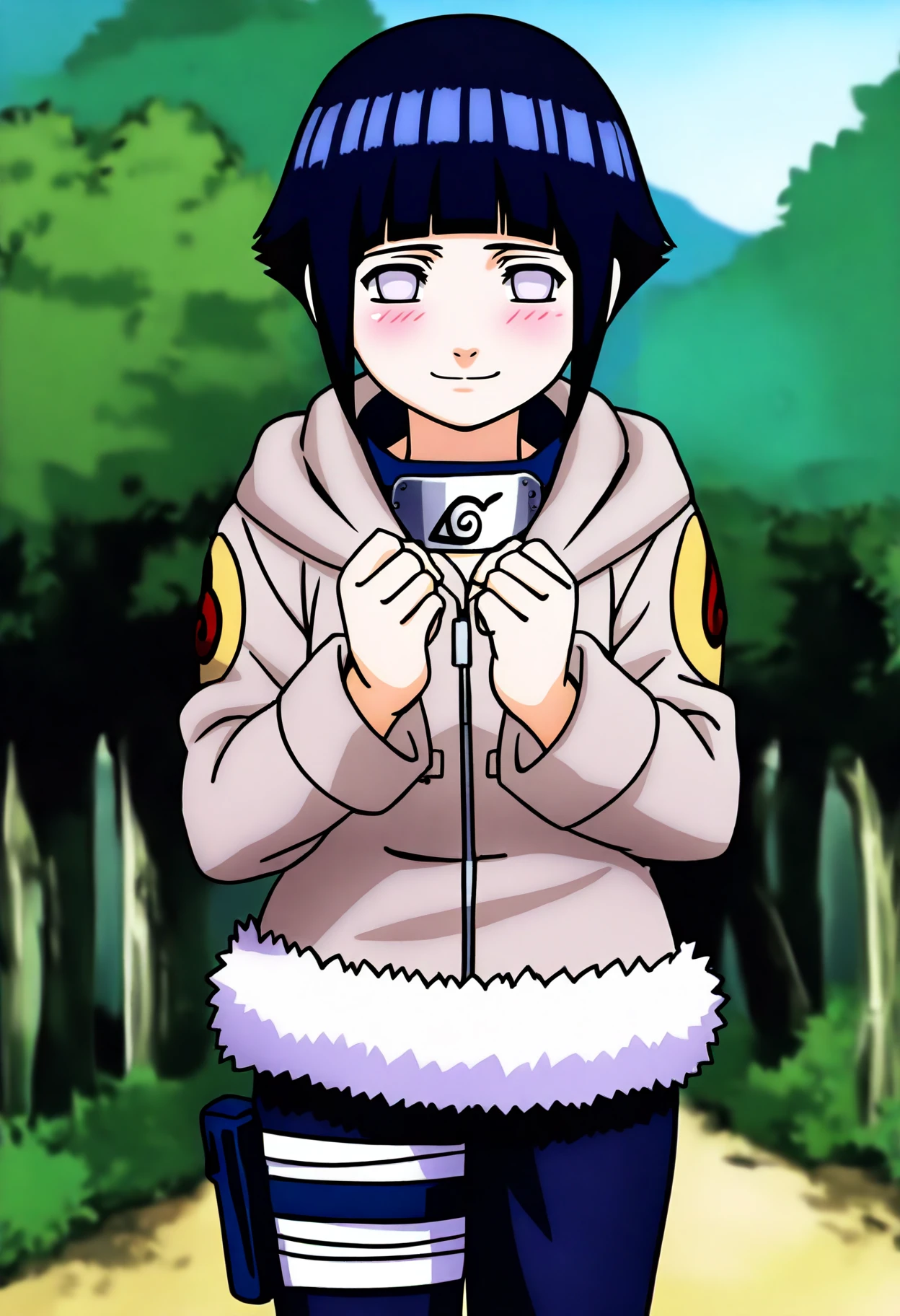 masterpiece, best quality, very aesthetic, absurdres BREAK
1girl, hyuuga hinata, short hair, black hair, no pupils, blunt bangs, shiny hair, white eyes, hoodie, hood down, long sleeves, fur trim, capri pants, bandages, thigh holster,
solo, looking at viewer, blush, standing, smile, closed mouth, cowboy shot, outdoors, forest    <lora:HinataGeninIllustriousXL_byKonan:1>