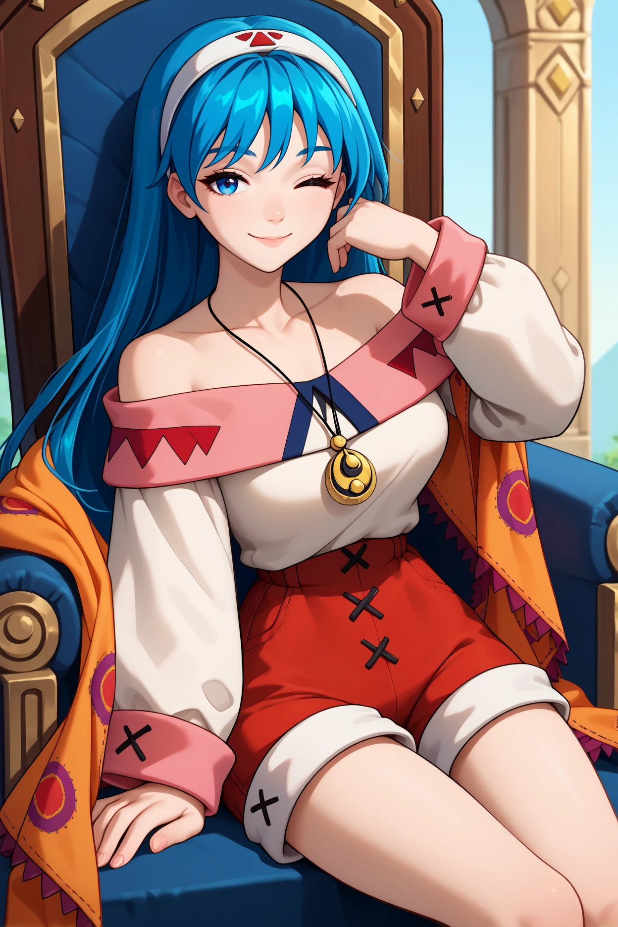 score_9, score_8_up, score_7_up, score_6_up, source_anime, 1girl, solo, <lora:l2lucia-pdxl-nvwls-v1-000005:1> l2luc, blue hair, long hair, blue eyes, hairband, pendant, off-shoulder shirt, white shirt, long sleeves, bare shoulders, orange shawl, red shorts, big breasts, looking at you, smile, sitting, throne, looking at you, smile, closed eyes, happy