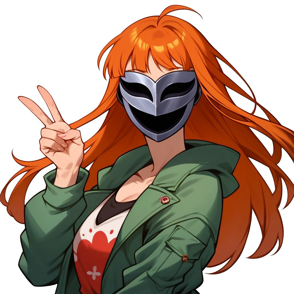 score_9, score_8_up, score_7_up, Expressiveh, masterpiece, 4k, best quality, highly detailed, realistic, (zPDXL3), (futaba sakura, orange hair, long hair, ahoge, green jacket, masked, masked face) (PhantoMK, red mask, two tone mask, mask, smile, hollow, hollow eyes), cowboy shot, peace sign, black background, simple background, uncensored, (((masked, masked face)))