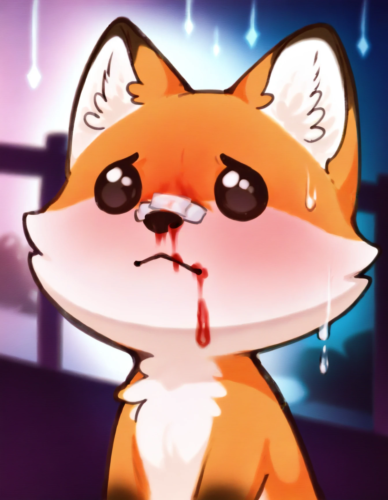 score_9, score_8_up, score_7_up, score_6_up, score_5_up, score_4_up, solo, chibi
red_fox, orange fur, two tone fur, black eyes, fox tail, portrait, bandaid on nose, blurry background, pink lighting, night, dark, pink theme, blood on face, rain, closed mouth, sadness, naked
 <lora:YouLookLonelyXL_byKonan:1>
 <lora:red_fox_XL:1>