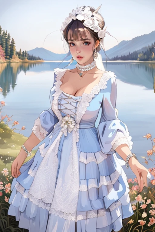 (masterpiece, best quality:1.2),illustration,8k,hd,1 girl,very long hair,solo,(collarbone:1.2),looking at viewer,
Diana,blue dress,jewelry,earrings,lace,lace trim,hair ornament,choker,long sleeves,((cleavage)),big breasts,outdoors,(day, lake:1.5),extremely detailed dress,crystalstexture skin,front view,<lora:dandyg XL:1>,