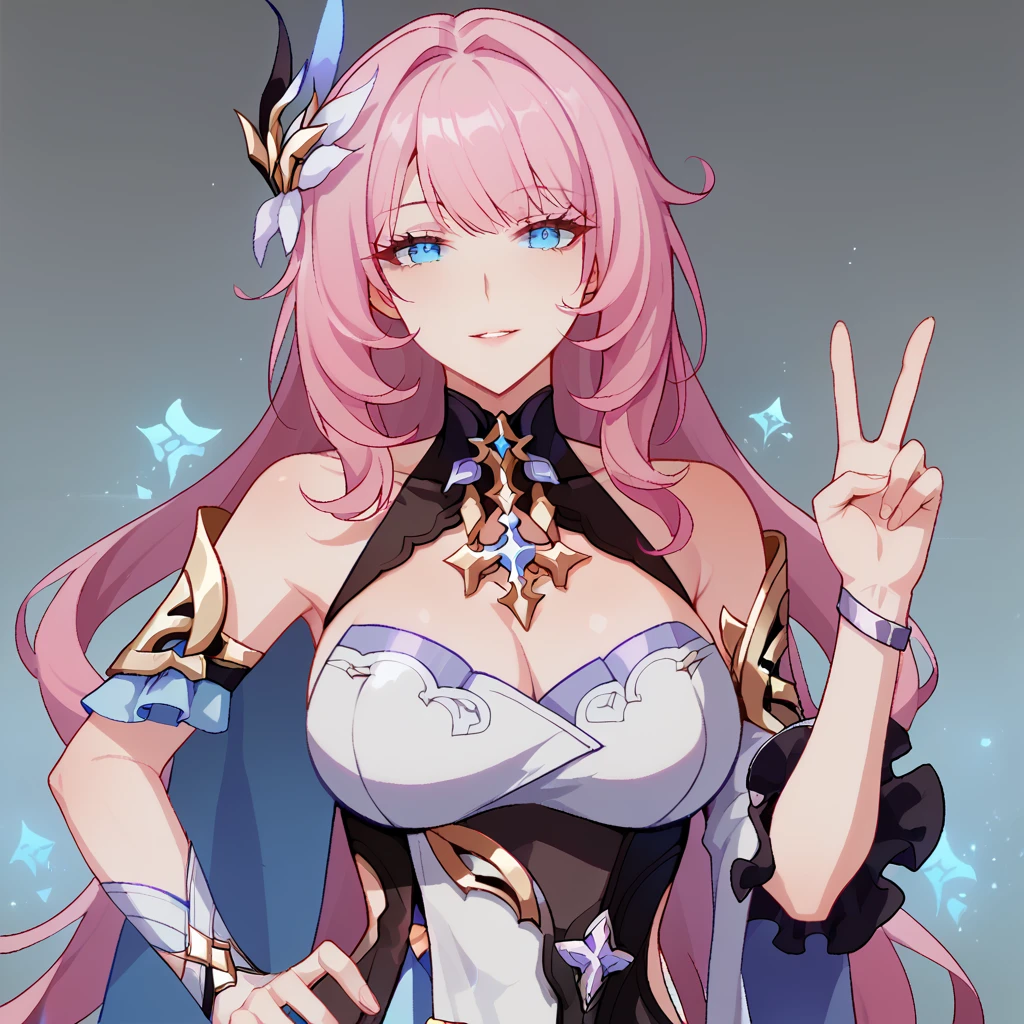 score_9_up, score_8_up, score_7_up, 1girl, solo, upper body, standing, looking at you, hand on hip, hand up, peace sign, seductive smile, parted lips, elysia (honkai impact), pink hair, blue eyes, long hair, mature body, dynamic cowboy shot, grey background,