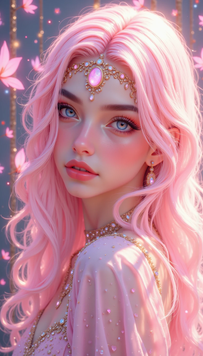 pinketherealmj,A pretty young woman with pastel pink hair and glittery eye makeup, surrounded by a halo of glittery light that makes her stand out like a work of art