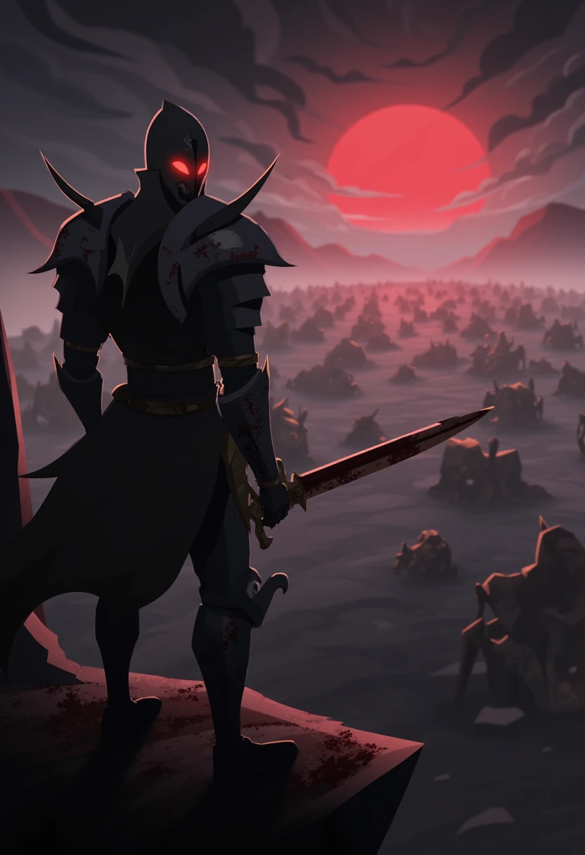 A lone knight, clad in black spiked armor, stands on a cliff overlooking a ruined battlefield. The knight's armor is dented and stained with dried blood, with glowing red eyes visible through the slit of his helmet. In his hand, he holds a rusted sword, its blade chipped and scarred. The battlefield below is littered with the broken remnants of ancient warriors and siege engines, with dark clouds swirling above. The lighting is dim, with an eerie red glow coming from the horizon as if the sun is bleeding into the sky. The style is dark fantasy, with a haunting, war-torn atmosphere.   <lora:tw1l1g0dsstyl3v4:1>