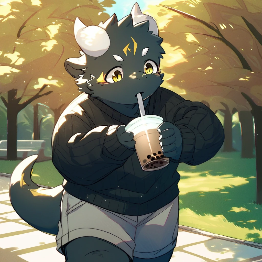 score_9_up, score_8_up, score_7_up, source_furry, mikus-style, black dragon, black body, white horns, yellow eyes, park, holding, bubble tea, black sweater, gray shorts, 1boy, solo