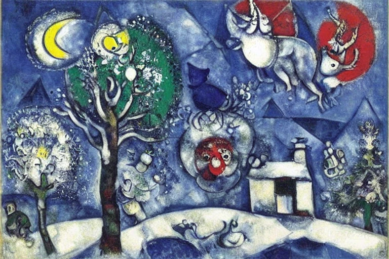 <lora:Chagall-10:1>, Chagall, A winter wonderland with snow-covered trees and a cozy cabin.