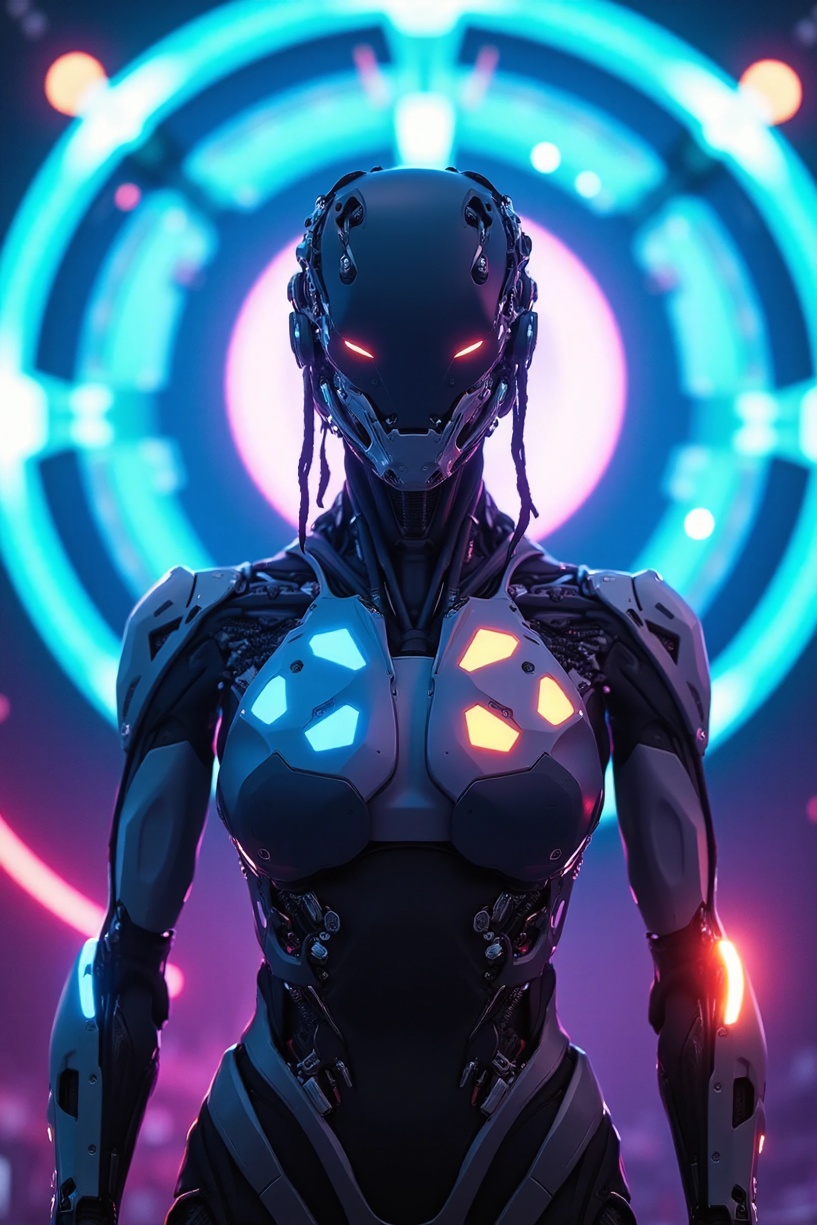 TacExoGear, Exosuit, (off-center composition, close up Portrait), Neon-Skin Exoshell: A sleek, futuristic bodysuit made of neon-skin, a material that can change color to blend into its environment. Geometric shapes pulse softly across the chest, shoulders, and forearms, revealing segments of hardened plasma armor integrated within the suit. The suit’s internal circuits connect to an AI-assisted interface, allowing the wearer to control drones and access tactical data in real time., Celestial Seraphic Celestial Goddess in Cyberpunk Exosuit, In Front of a Giant Energy Gate: The shimmering energy gate pulses with vibrant blues and purples, casting an otherworldly glow on everything nearby. Geometric patterns ripple across the surface, hinting at the untold power within. Surveillance drones patrol the perimeter, ensuring no one crosses without permission., cinematic film still cybernetic robot art by Brian Sum, , Surrealism, dreamlike landscapes, vibrant colors, imaginative compositions . android, AI, machine, metal, wires, tech, futuristic, highly detailed . shallow depth of field, vignette, highly detailed, high budget, bokeh, cinemascope, moody, epic, gorgeous, film grain, grainy