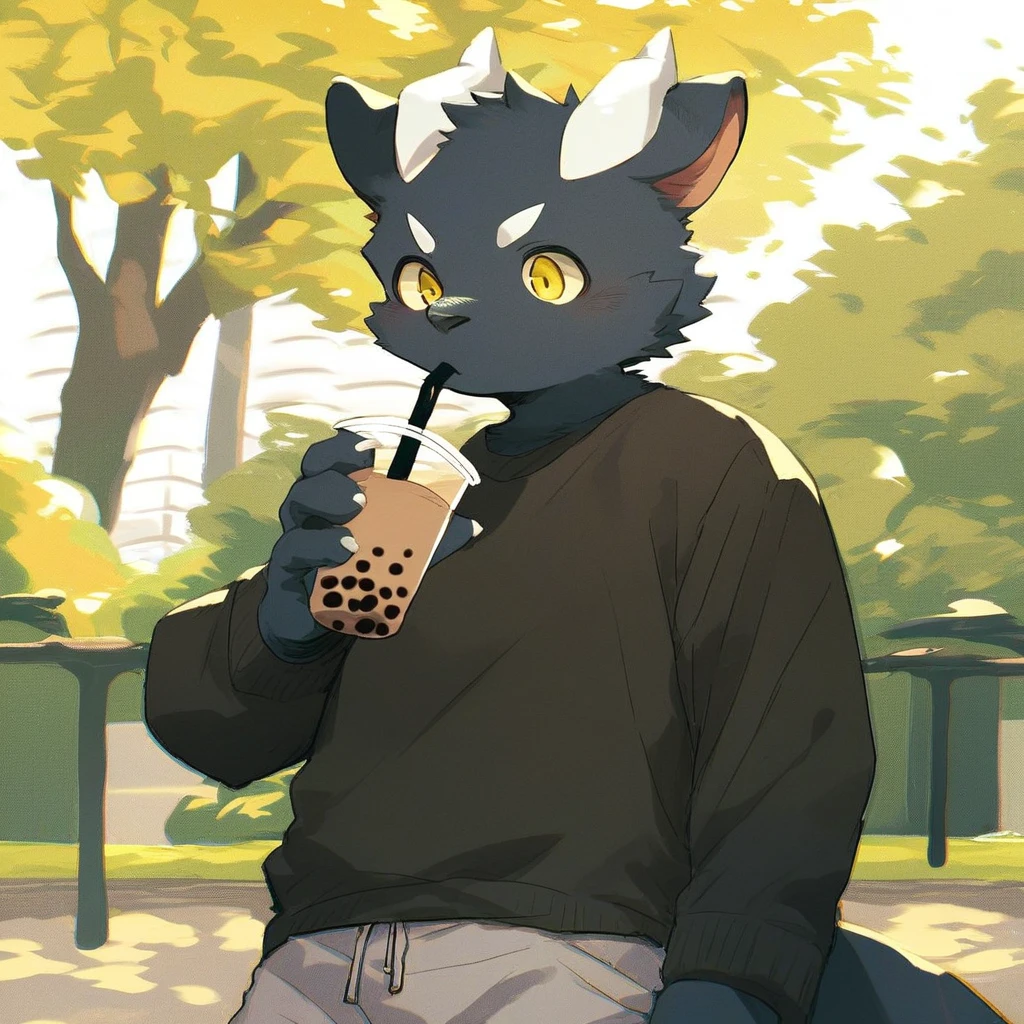 score_9_up, score_8_up, score_7_up, source_furry, mikus-wieneko138226, black dragon, black body, white horns, yellow eyes, park, holding, bubble tea, black sweater, gray shorts, 1boy, solo