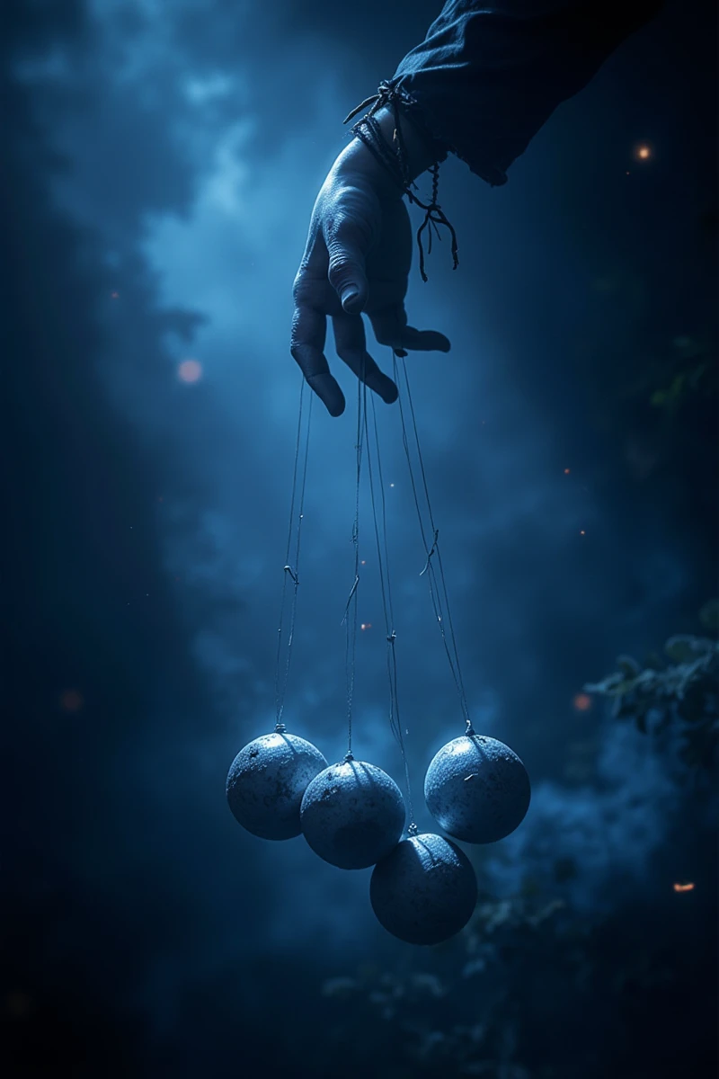 anhei,This is a very detailed digital artwork in a dark fantasy style,Digital art style with a blue tone with high detail in a cartoon-**** style, soft lighting, movie poster, digital art, A hand with puppet strings controlling 3 simple balls. A dark atmosphere is depicted, isolated