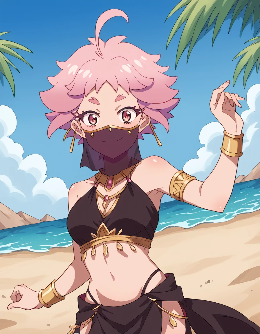 score_9, score_8_up, score_7_up, source_anime, <lora:mayonakapunch-live-s1-ponyxl-lora-nochekaiser:1>, live, short hair, pink hair, ahoge, pink eyes, thick eyebrows, short eyebrows, medium breasts,, <lora:arabian-clothes-ponyxl-lora-nochekaiser:1>, arabian clothes, dancer, mouth veil, belly dancing, veil, armlet,, desert, oasis, palm tree, water, dancing, smile, blush,, , cowboy shot, dutch angle