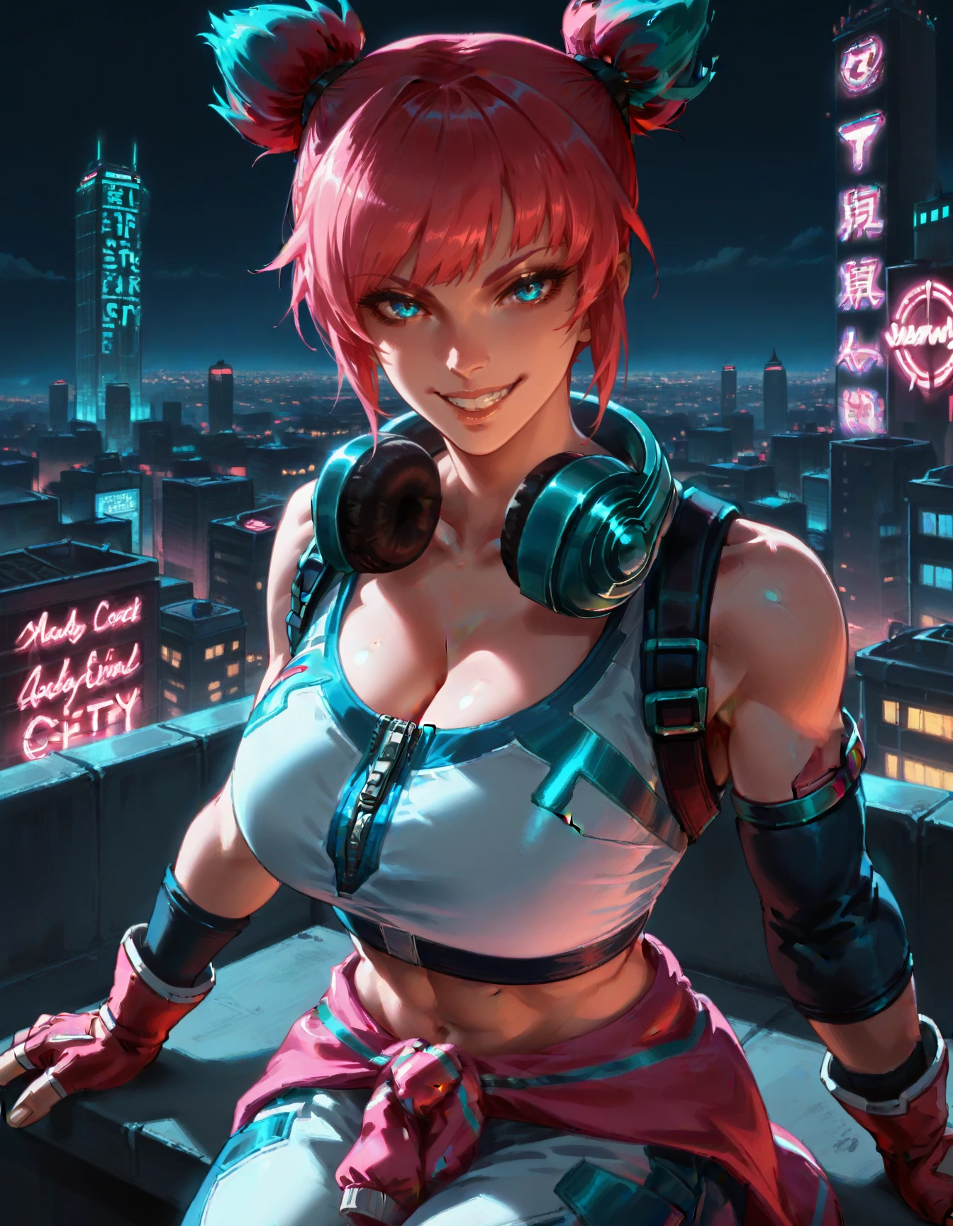 score_9, score_8_up, score_7, MulWilStySmi, sleeveless, upper body, huge smile, grin, sitting, rooftop,
1girl, solo, blue eyes, blue hair, huge breasts, cleavage, looking at viewer, twintails, pink hair, multicolored hair,  fingerless gloves,  headphones, headphones around neck, zipper, midriff, toned, baggy pants, jacket around waist,
highways, neon cityscape, neon city lights, trail lights, 
(neon, neon city, science fiction, holographic interface, neon lights, cyberpunk), 
 <lora:WildStyle_Mulan_-_Smite:1>,