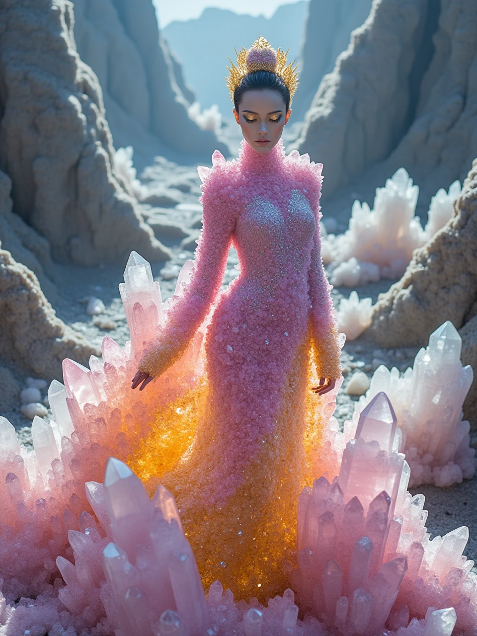 ariel view of a beautiful chinese woman covered in rainbow-crystal and quartz dress,standing in Crystallized valleys,goldleaf on eyes,full body display and super wide shot,fantasy theme from above