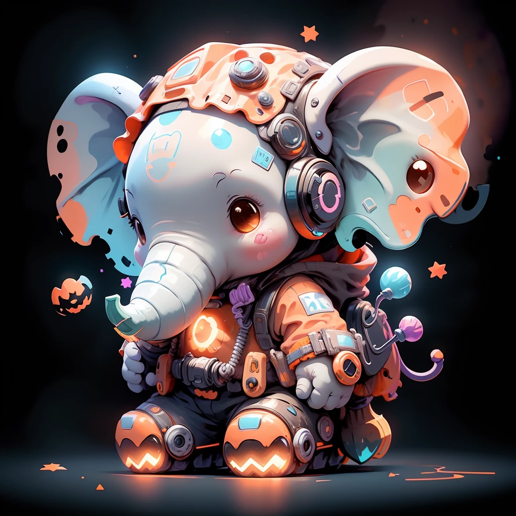 (elephant:1.2),(pumpkin:1.4),(halloween:1.4),A cute elephant in a space suit,game character design with a black background,colorful lights,in the cartoon style,with futuristic elements,an orange and white color scheme,with a sci-fi feel,at a high resolution,with detailed textures,(laughing:1.6),full body,space,space suit,<lora:last-000006>,(jack-o'-lantern in the background:1.4),