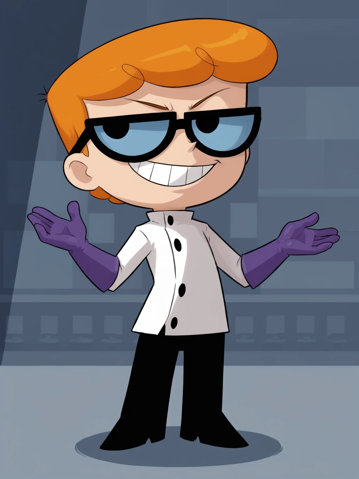 <lora:dexter.2:0.85>,solo,1boy,lab coat,purple_elbow gloves,eyewear,orange hair,dexter,black pants, parody,chibi