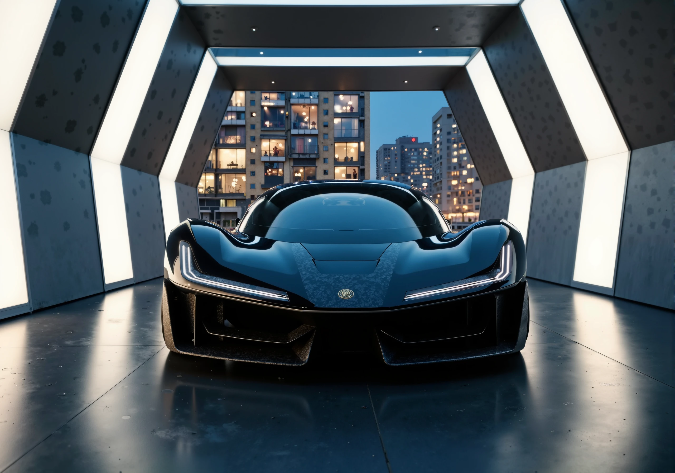 In this striking, futuristic room, the Lotus Theory sits at the center of a sleek, tunnel-like space with glowing rectangular frames that progressively illuminate the car. The room is a symphony of modern light and design, with each frame casting a soft glow, highlighting the aggressive front fascia and dramatic body lines of the Lotus Theory. The predominantly black and silver vehicle gleams under the crisp white lights, its multi-spoke alloy wheels and carbon fiber elements catching reflections from the smooth, dark floor. The Lotus emblem on the nose shines under the lights, reinforcing the vehicle’s bold presence.

Captured from a low-angle perspective, the Lotus Theory appears even more powerful and commanding, the viewer’s eye drawn upwards along its sleek, angular form. The glowing frames around the car create a sense of depth and speed, as if the vehicle is about to launch forward into the future. The high-tech ambiance of the room perfectly complements the cutting-edge design of the Lotus Theory, merging modern architecture with automotive innovation.

Through the illuminated frames, the backdrop reveals an urban apartment building facade visible through a massive glass window. The grid-like arrangement of windows frames various scenes of human life within each unit—some warmly lit, others bathed in cool blues, creating a contrast between the human, everyday activities inside and the futuristic, high-tech scene of the car. The distant cityscape adds depth and contrast to the scene, blending the sleek futurism of the Lotus Theory with the gritty, intimate realities of urban life.

The composition, lighting, and low-angle perspective of the scene amplify the Lotus Theory’s powerful, futuristic aesthetic, while the subtle inclusion of the apartment building backdrop ties the moment into the complexity of modern city living. The contrast between the two elements—futuristic design and human everyday life—creates a visual narrative where innovation meets the real world, framed in a sleek, avant-garde environment.

