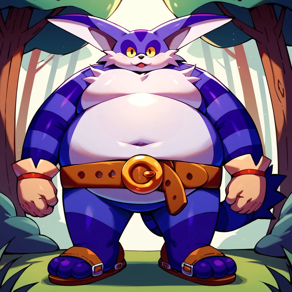 score_9, score_8_up, score_7_up, score_6_up, score_5_up, score_4_up, source_cartoon,  <lora:Big_The_Cat_V2_Sonic_The_Hedgehog_PonyXL:1> big the cat, big, cat, furry, fat, obese, purple skin, white fluffy belly, yellow sclera, long ears, stripey arms, stripey tail, gloves, belt, sandals, three toes, purple feet, wandering in the forest, looking at viewer, forest background