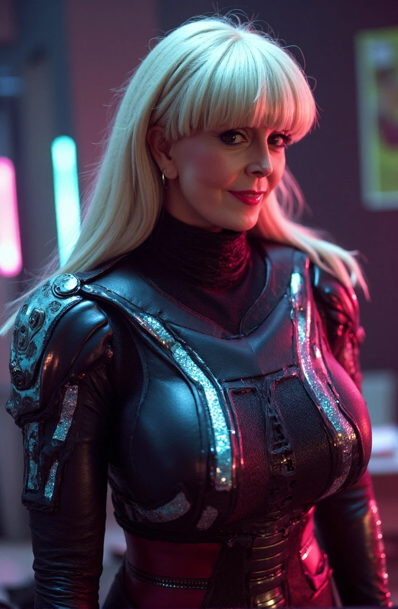 Candy_Samples,  a blond woman with bangs. She is a spacewarrior wearing a futuristic turtleneck armored spacesuit with neon light and hightechnology. <lora:Candy_Samples:0.9>