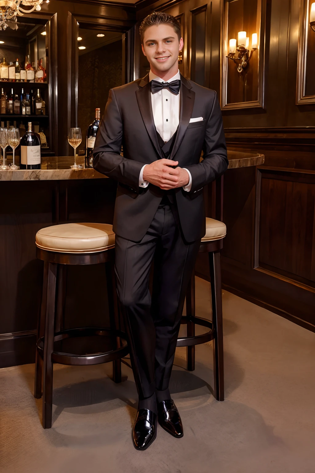 luxury restaurant bar, standing beside a bar stool, smiling, suave, handsome, JakeWilder wearing black TUX3D0,  black socks, black dress shoes, (((full body portrait))), wide angle  <lora:JakeWilder:0.8> <lora:TUX_LoRA_V1:0.75>