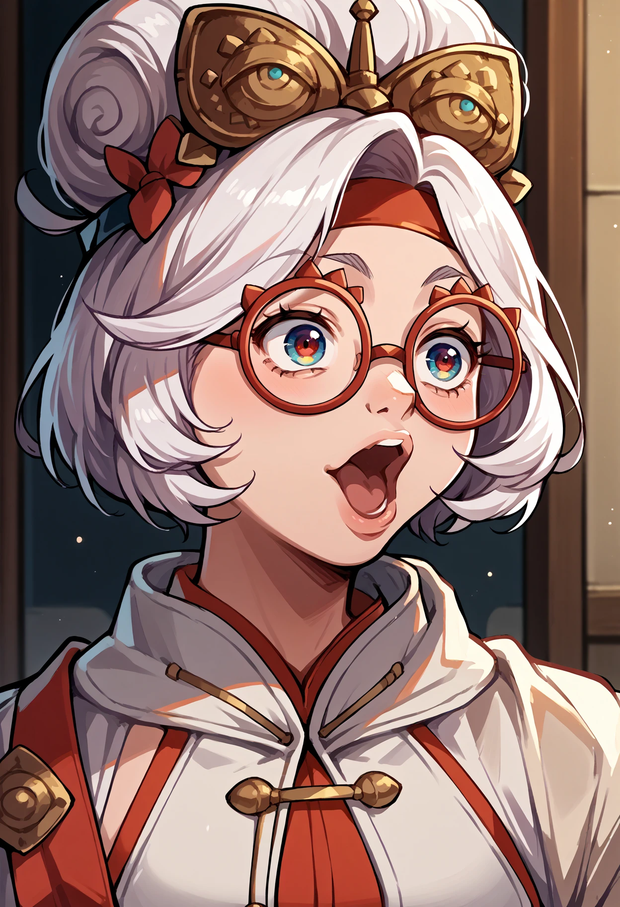 score_9, score_8_up,score_7_up, source_anime, 1girl, solo, pog, open mouth, 
 <lora:purah-pdxl-nvwls-v1:0.8> purah, hair ornament, red headband, red glasses, sleeveless shirt, white coat, 
portrait, 
 <lora:pgfc_pdxl_EliPot:1>