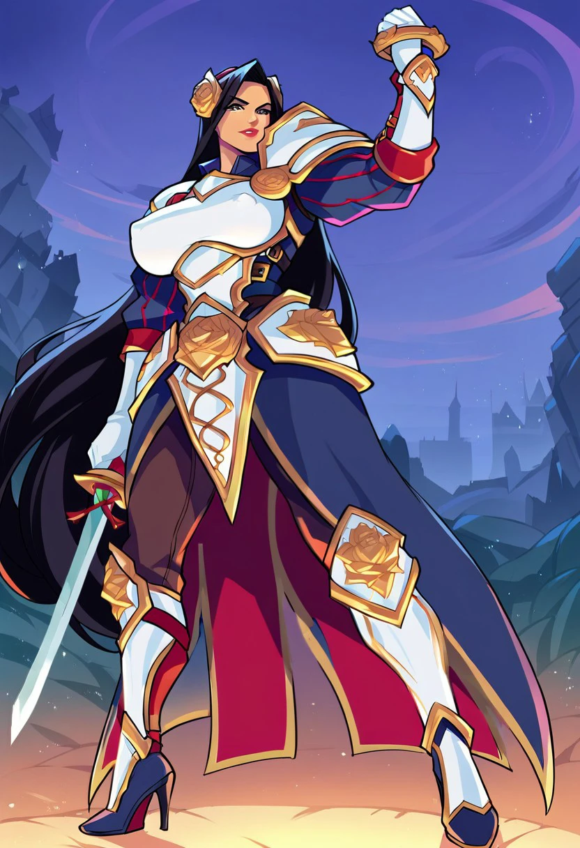 LadyofThorns,1girl,solo,very long hair,black hair,blue eyes,armor,full armor,white armor,knight armor,shoulder armor,breastplate,pauldrons,gloves,vambraces,greaves,boots,high heels,pelvic curtain,sword,lips,red lipstick,flower,rose,flower ornament,hair flower,hair ornament,holding sword,castle,heroic pose,epic pose,
score_9, score_8_up, score_7_up, beautiful aesthetic, very intricate, high quality details,vibrant, highly detailed, award-winning, professional,anime artwork, anime style, studio anime, athletic, toned female,muscular milf,curvy body, athletic girl,fit girl, perky tits,huge breast,perfect tits, round breasts, nipple outline,looking at viewer, pinup pose,teasing, dynamic lighting, cinematic, smug, better than you, aura of temptation, highly detailed, high resolution, masterpiece, detailed clother, detailed background, highly detailed, ((sound effects)) comic layout,