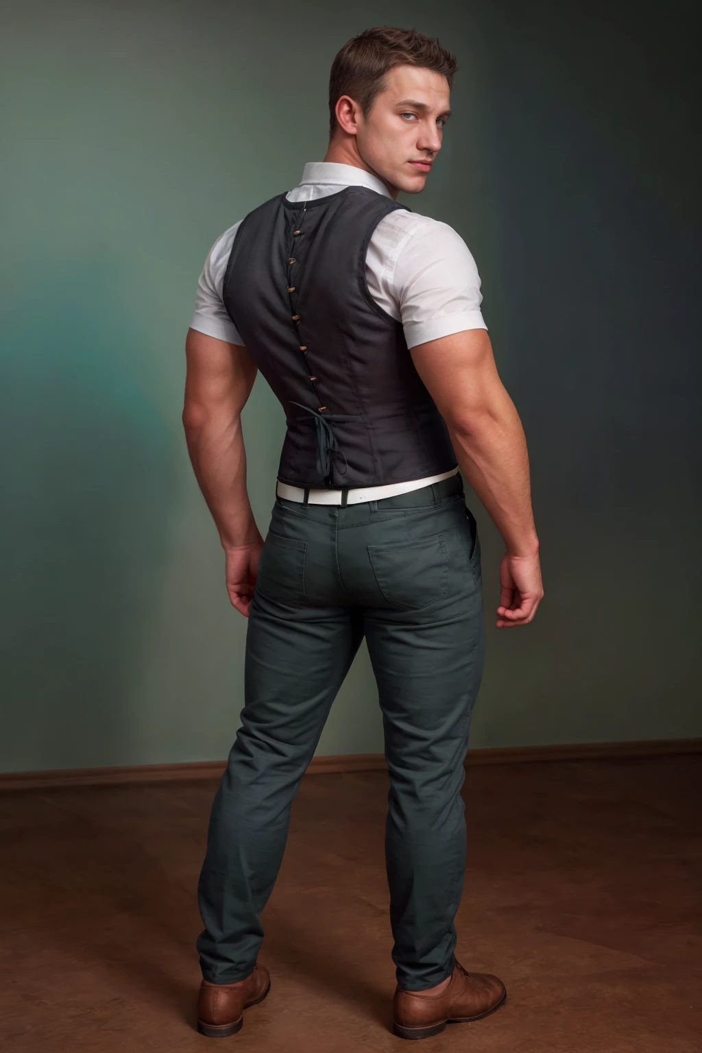 looking back, <lora:sc_chase_sd15_epoch_7:0.8>  chaseperson wearing <lora:Clothing - Male Corset Vest:0.6> wearing (green:0.1) corset vest, rolled up sleeves, biceps, wearing slim-fitting pants and belt and oxfords shoes, standing against a monochromatic color scheme, moody tones, editorial, (shadows and highlights:0.3) <lora:oxfords:0.3>