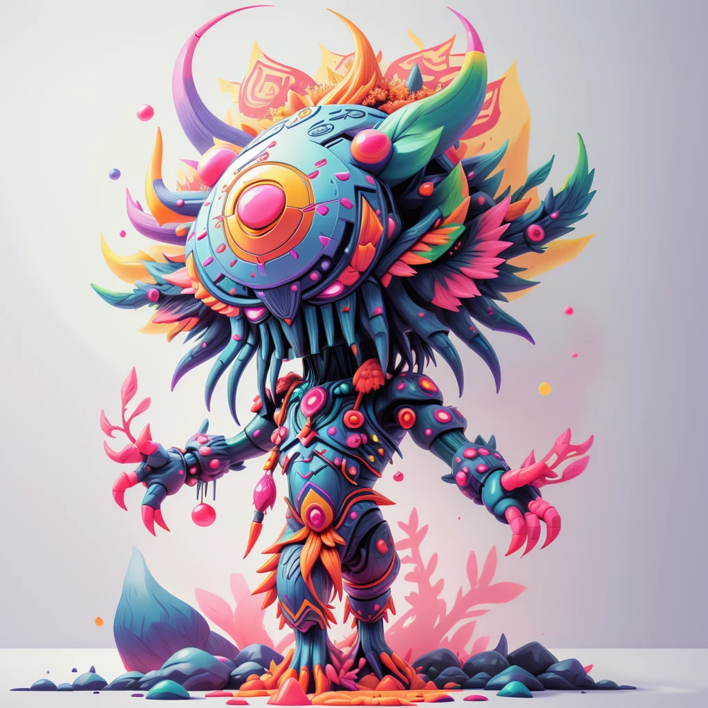 [GlitchHunter], A vivid, otherworldly creature stands amidst colorful foliage, adorned with intricate patterns, surreal appendages, and glowing orbs, exuding an aura of mystical energy.