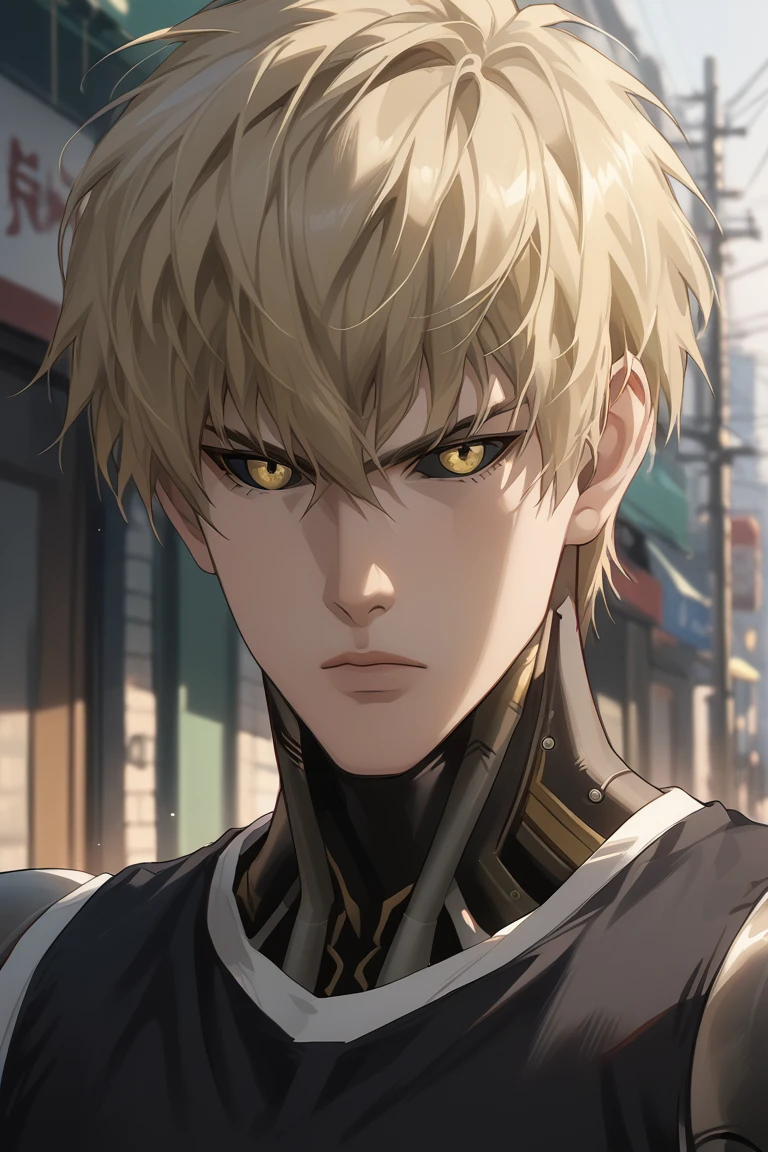 score_9, score_8_up, score_7_up, source_anime, rating_safe, natural lighting, cyborg-male focus, GenosOPM, blonde_Genos_hair, black-yellow_Genos_eyes, black sclera, sleeveless, black pants, serious, 1cyborg-male, intricately detailed illustration, looking at viewer, blurry outdoors