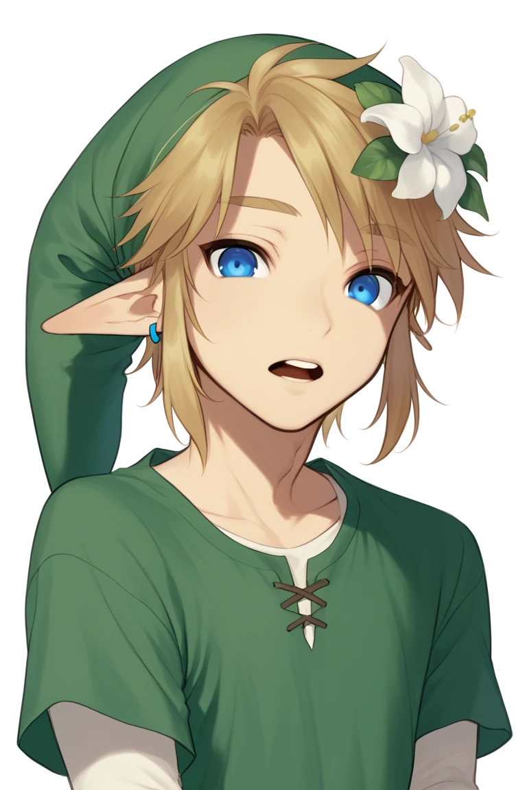 score_9, score_8_up, score_7_up, score_6_up, score_5_up, meimoneStyle, 1boy, blonde hair, blue eyes, commentary request, earrings, flower, green hat, green shirt, hair flower, hair ornament, hat, jewelry, link, looking at viewer, male focus, meimone, open mouth, pointy ears, shirt, short hair, simple background, solo, teeth, the legend of zelda, upper body, white background, white flower, white shirt