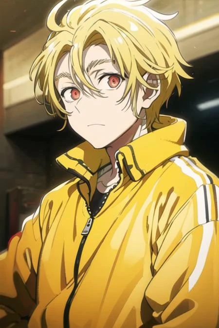 masterpiece, best quality, high quality, 1boy, solo, male focus, looking at viewer, upper body, <lora:king_of_despair:0.70>, king_of_despair, red eyes, blonde hair, hair between eyes, , track suit