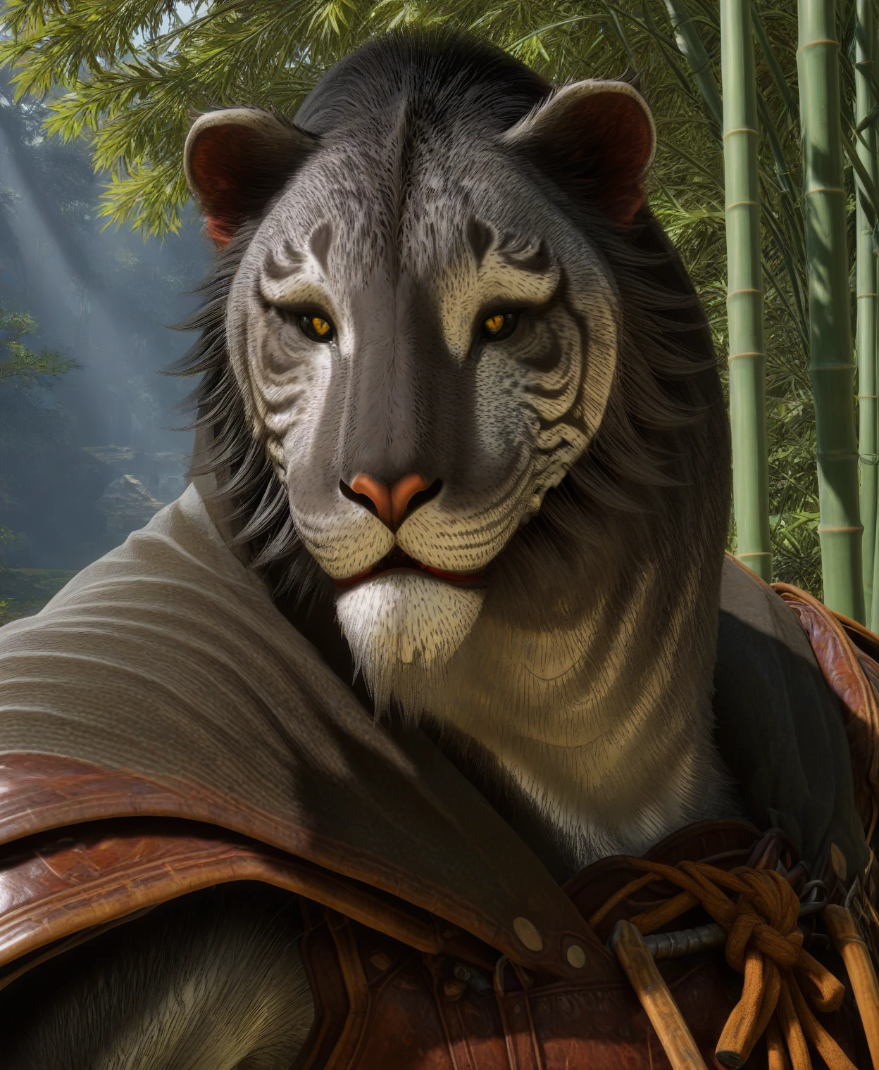 yinhu, tiger, 3d \(artwork\),  anthro, solo, male, mane hair, beard, closed smile, bust portrait,  black cape, leather armor, bamboo, tree, forest, detailed background, yellow eyes, black sclera, slit pupils, under shade,
<lora:BlackMythYinHu_seaart-1.0.12:1>