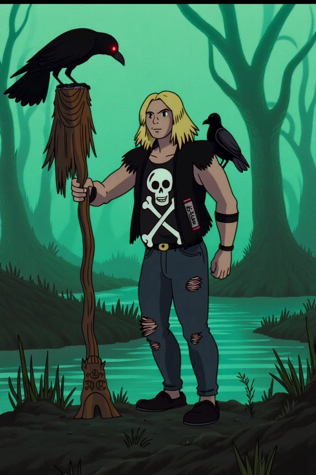 The Bog Conjurer stands at the edge of a murky swamp, his glowing red eyes piercing the fog. Clad in torn skinny jeans and a skull and crossbones punk vest, his long, thin blonde hair flows as he raises his totemic wooden staff, summoning eldritch energies from the depths. A crow perches on his shoulder, whispering secrets only he can understand.