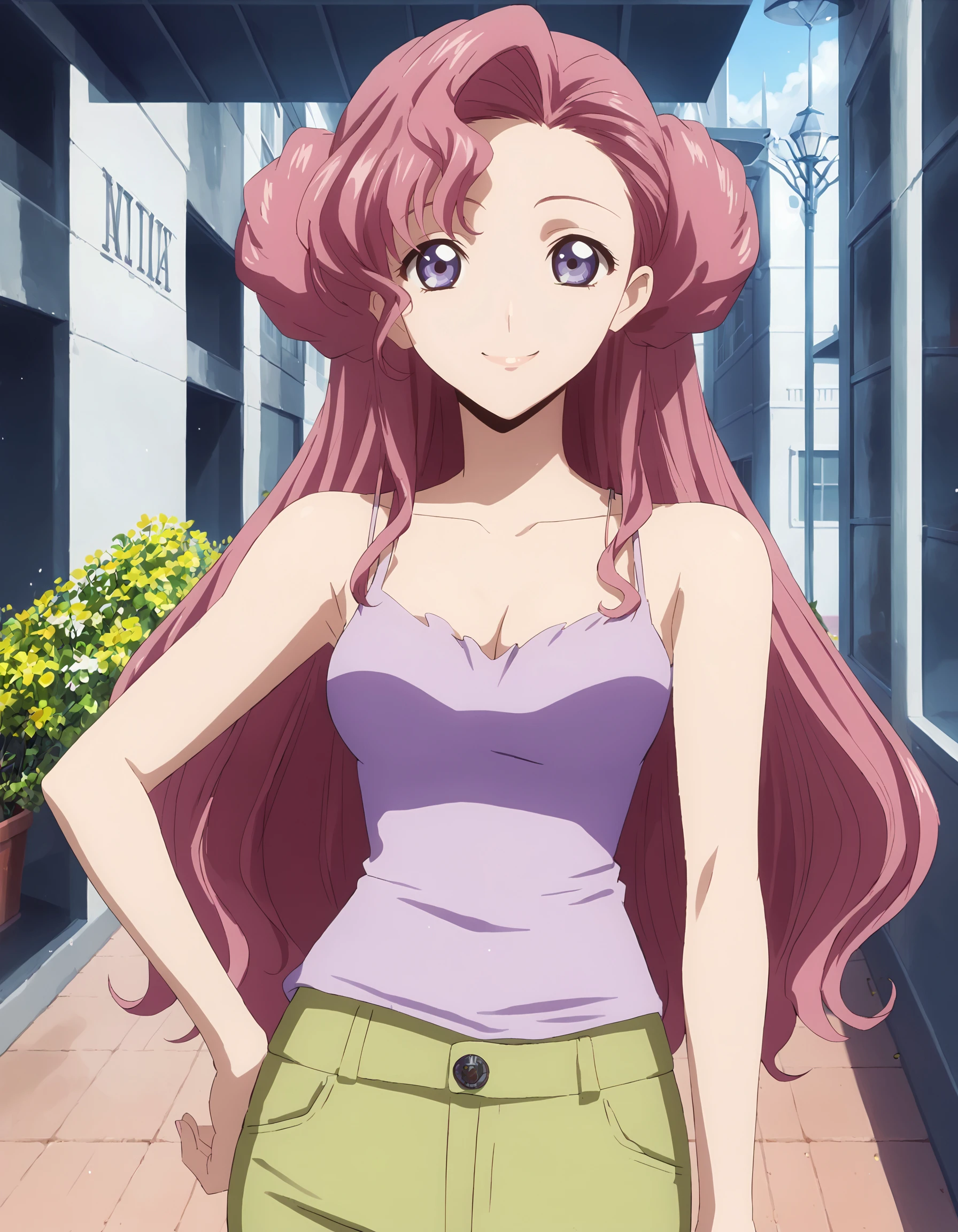 score_9, score_8_up, score_7_up
BREAK 1girl, solo, <lora:Euphemia1XL-v1:0.85>, euphy, doughnut hair bun, double bun, <lora:Camisole1XL-v1-03:1>, purple camisole, cleavage, pants, smile, cowboy shot