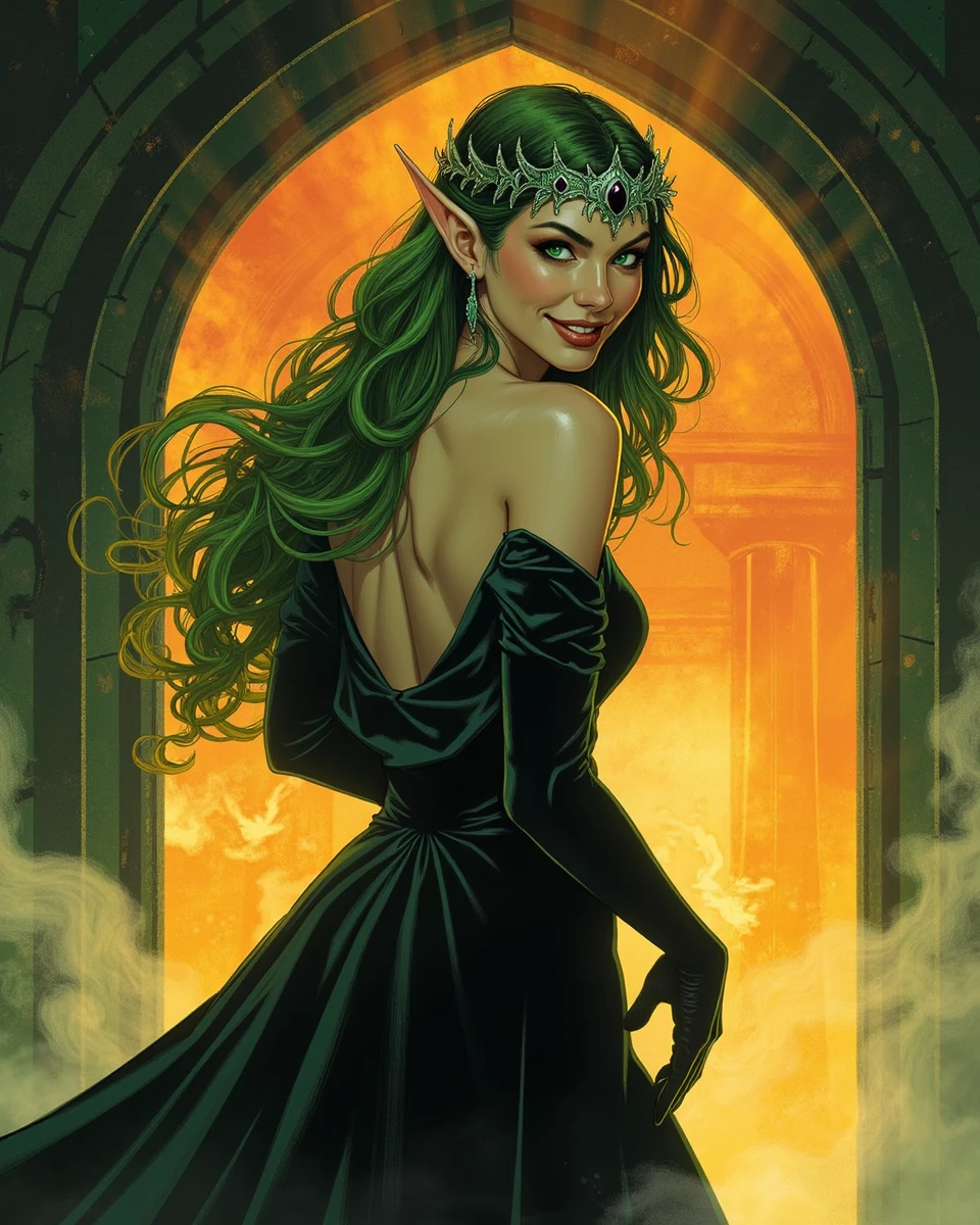 An intricate fantasy illustration with a fine lineart of an elven princess in a full zoom close-up. She's long curly green hair, an onyx crown and a (warm smile). she is wearing a velvet black dress and she's posing for the camera in a playful way in front of a dark portal. The scene is dramatic with a strong contrast between the green and pale colors of the princess with the orange and yellow mist that is filling the ultradetailed background. The are realistic and the artwork is clearly done by a famous artist.