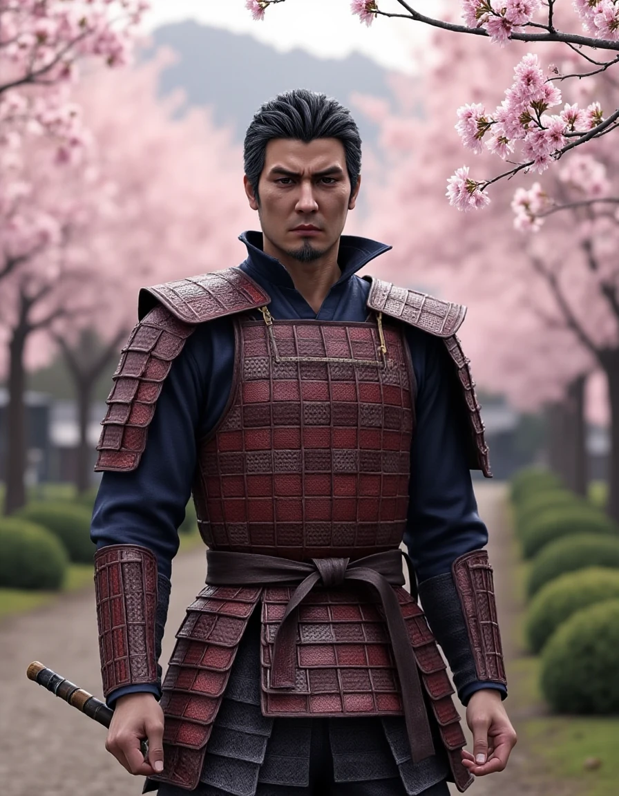 <lora:Kazuma_Kiryu_IW:0.8> Kazuma Kiryu in traditional Japanese samurai armor, standing in a zen garden surrounded by cherry blossom trees in full bloom.