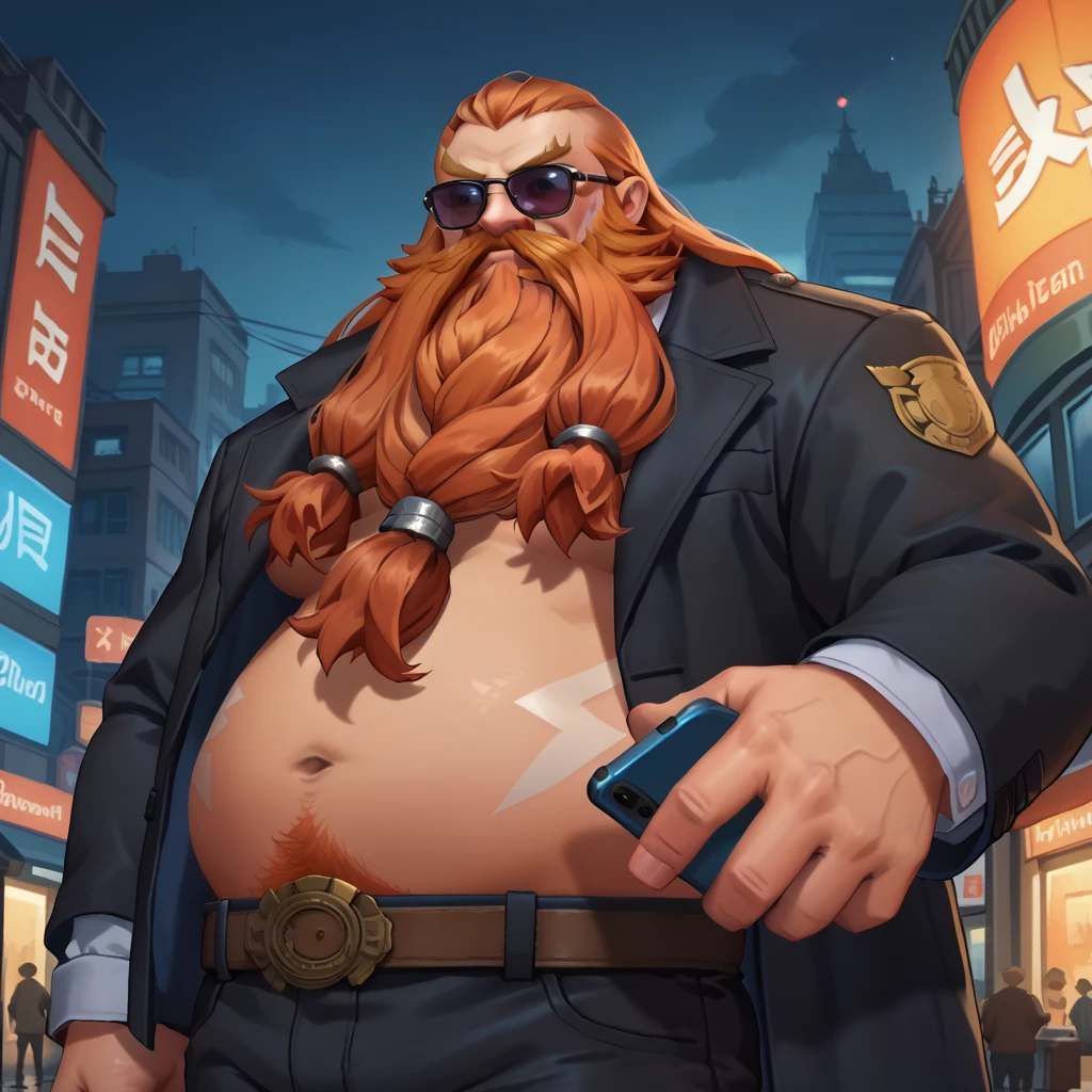 score_9, score_8_up, score_7_up, highres, anime screencap, anime, <lora:gragas-v1-12:0.95> topless, wrgragas, solo, orange hair, 1boy, very long mustache, very long beard, formal, black jacket, black pants, belt, cellphone, night, city, sunglasses, smile, from below, (long hair),