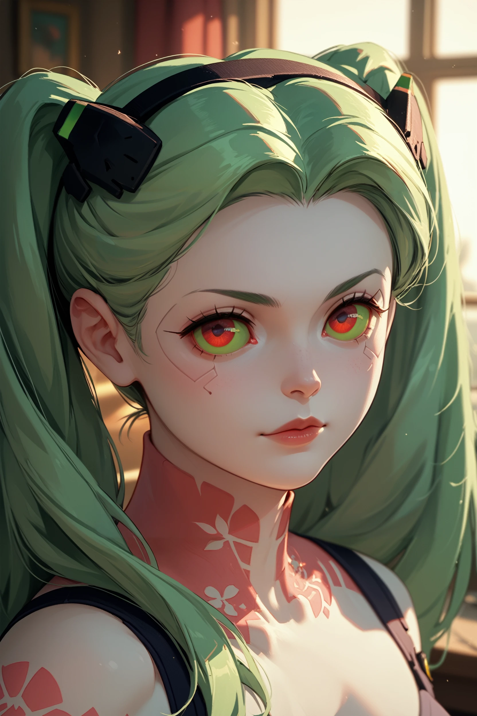 score_9, score_8_up, score_7_up, score_6_up
<lora:ERRebecca:0.8>
ERRebecca, 1girl, green hair, twin tails, red pupils, colored sclera, white skin, red tattoo, looking at viewer, portrait